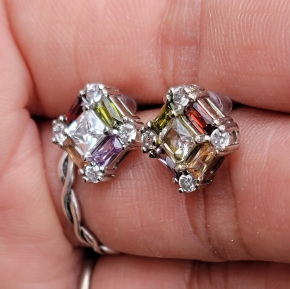 Stunning sparkling multi colored topaz 925 sterling silver diamond earrings - Picture 13 of 15